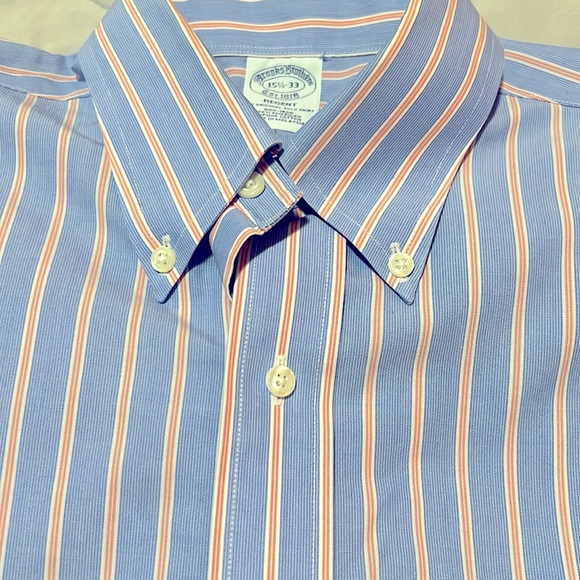 BROOKS BROTHERS BLUE /ORANGE STRIPED PREMIUM COTTON DRESS SHIRT NWOT - Picture 2 of 8